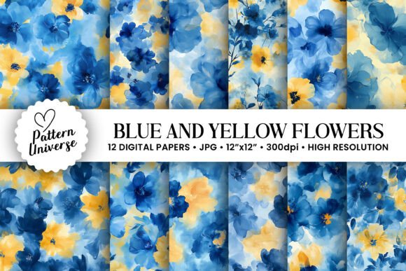 Abstract Blue Yellow Watercolor Flowers