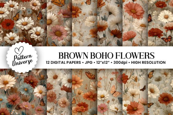 Brown Boho Flowers Digital Papers