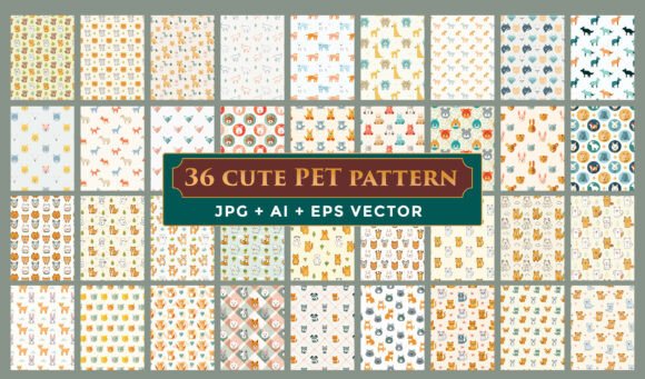 Cute Pet Seamless Pattern Bundle of 36