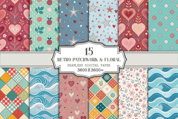 Retro Patchwork Floral Digital Paper